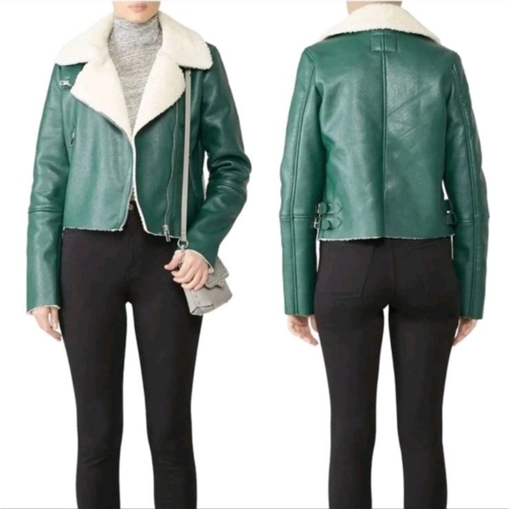BLANK NYC Green White Faux Leather Shearling Moto‎ Going Out Jacket Size Small